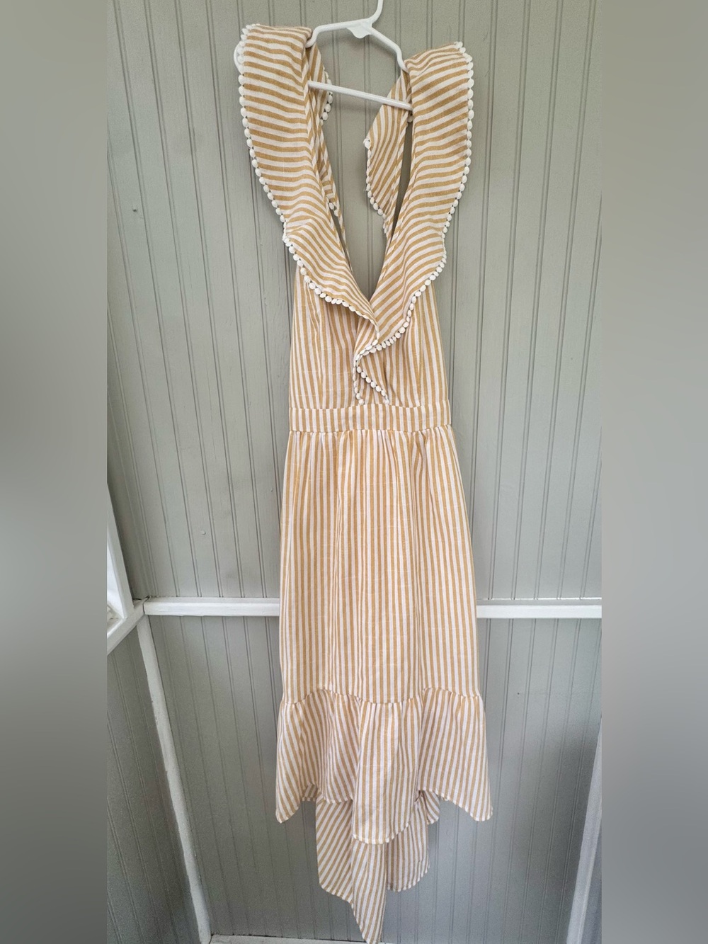 Molly Bracken Striped Ruffle High-Low Midi Dress in Yellow and White